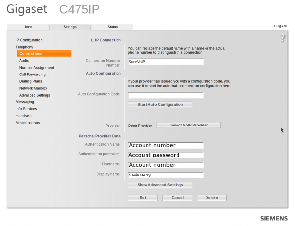 Step1: Siemens Gigaset C475IP with SureVoIP