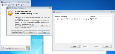 Accept valid certificate on Pidgin for SureVoIP IM