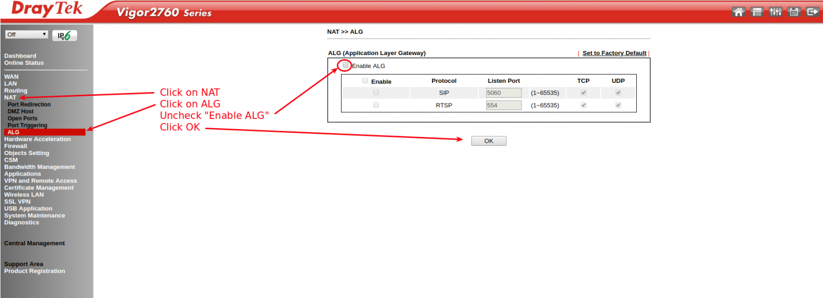 Screenshot of DrayTek Vigor 2760 web interface detailing how to disable SIP ALG